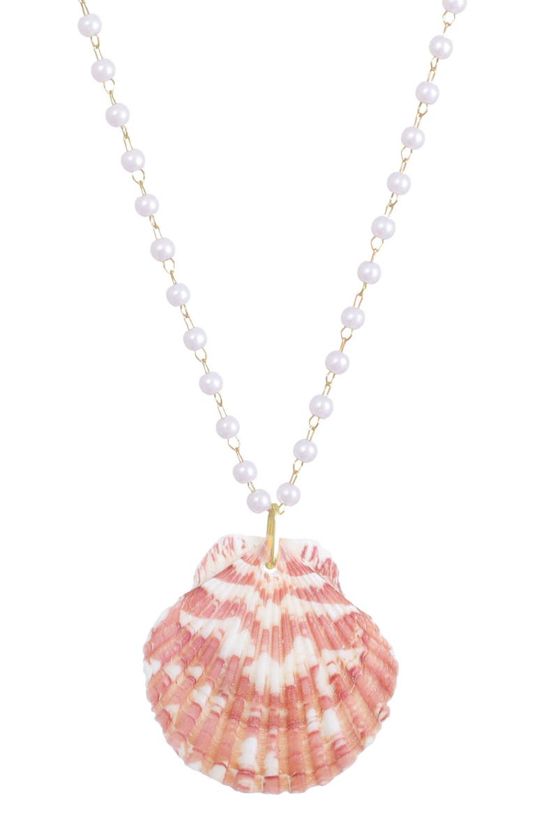 Faux Pearl Shell Pendant Necklace, Main, color, PINK