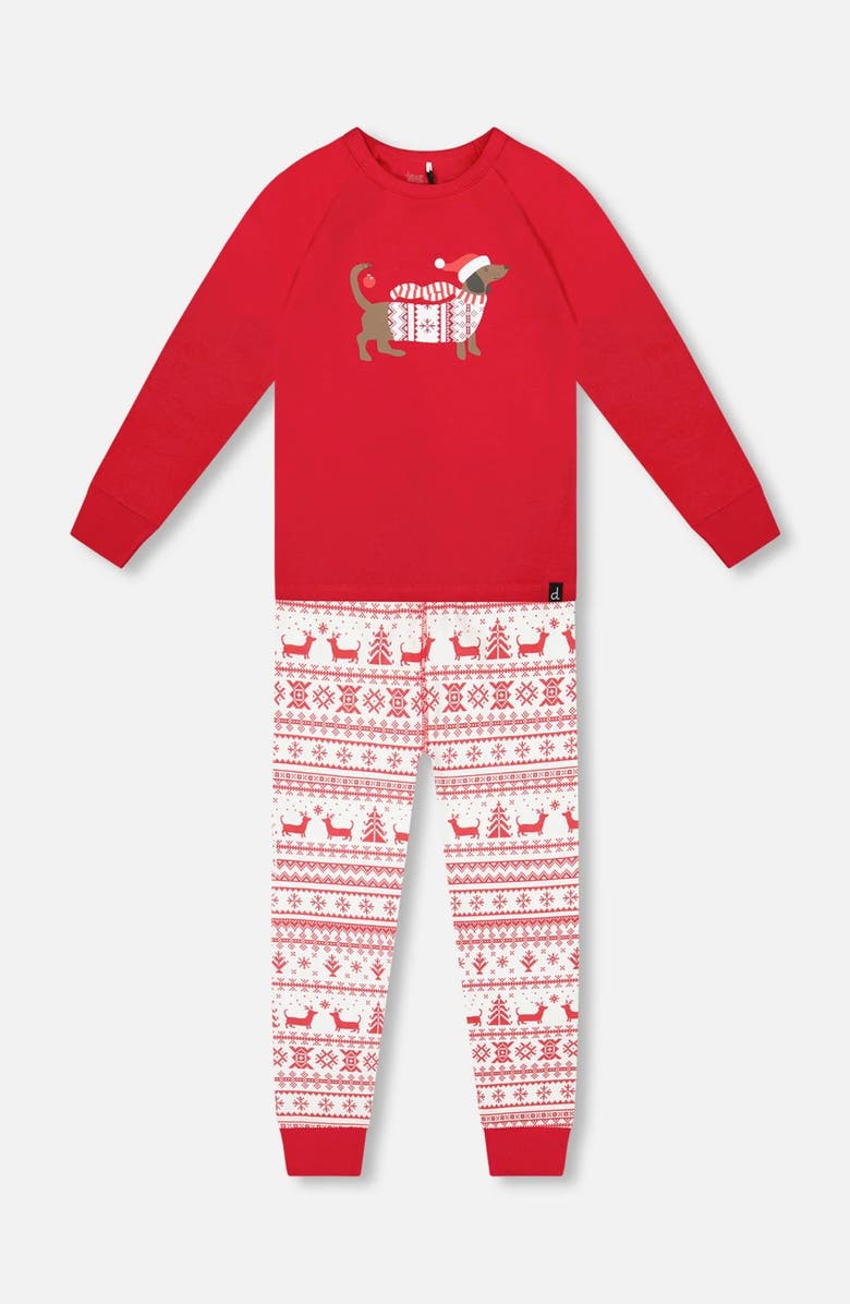 Deux par Deux Gender Inclusive Organic Cotton Two-Piece Pajama Set, Main, color, Red And White Fairisle