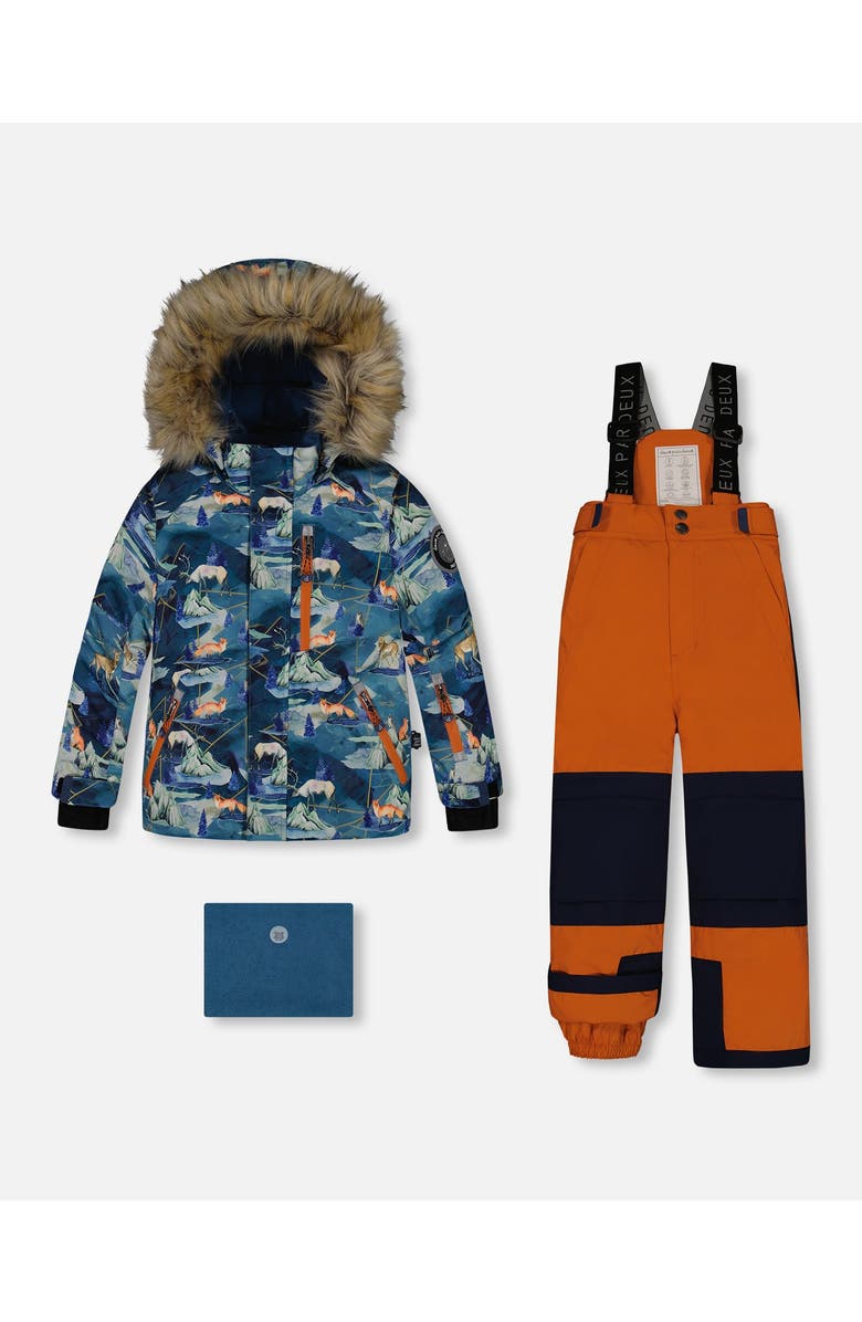 Deux par Deux Little Boy's Two Piece Snowsuit Burnt Orange With Printed Animals And Glaciers, Main, color,