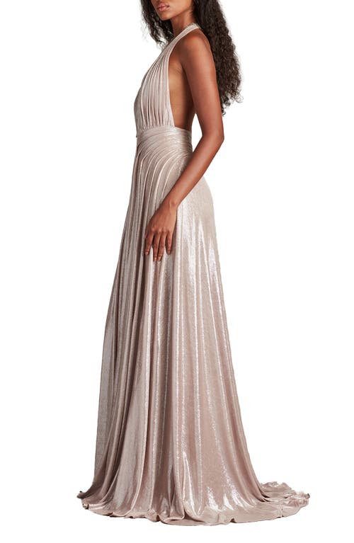 Tadashi Shoji Zarelle Pleated Metallic Halter Gown