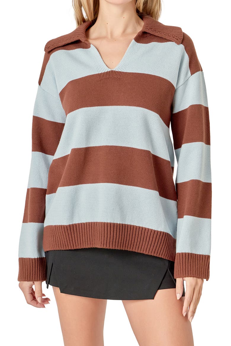 Stripe Cotton Rugby Sweater, Main, color, BROWN/ POWDER BLUE