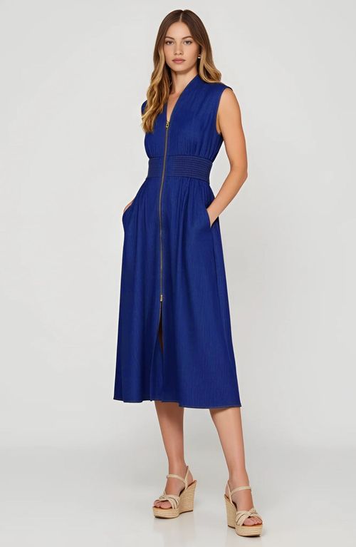 Modenaire Zip Front Sleeveless Denim Midi Dress With Smocked Waist Detail In Blue