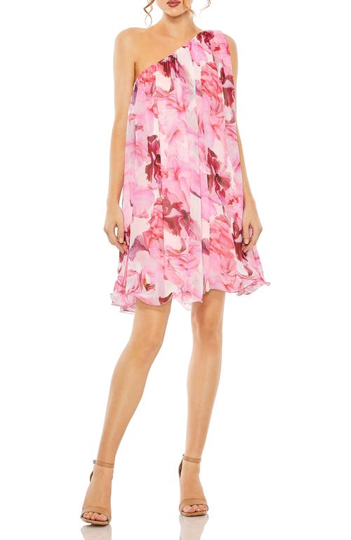 Mac Duggal Floral Print One Shoulder Flowy Mini Dress In Pink Multi