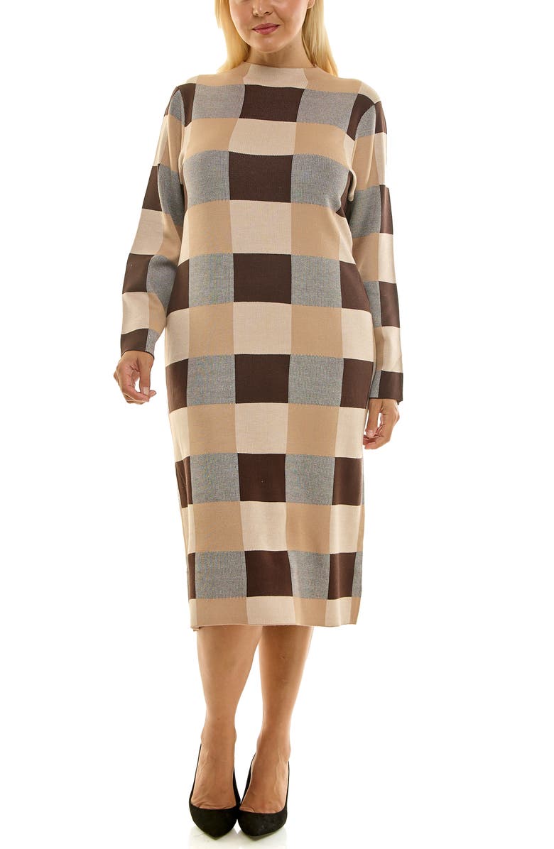 Nina Leonard Mock Neck Long Sleeve Sheath Dress, Alternate, color, Brown/Tan Multi