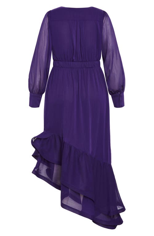 City Chic Antoinette Long Sleeve Asymmetric Midi Dress In Royal Purple