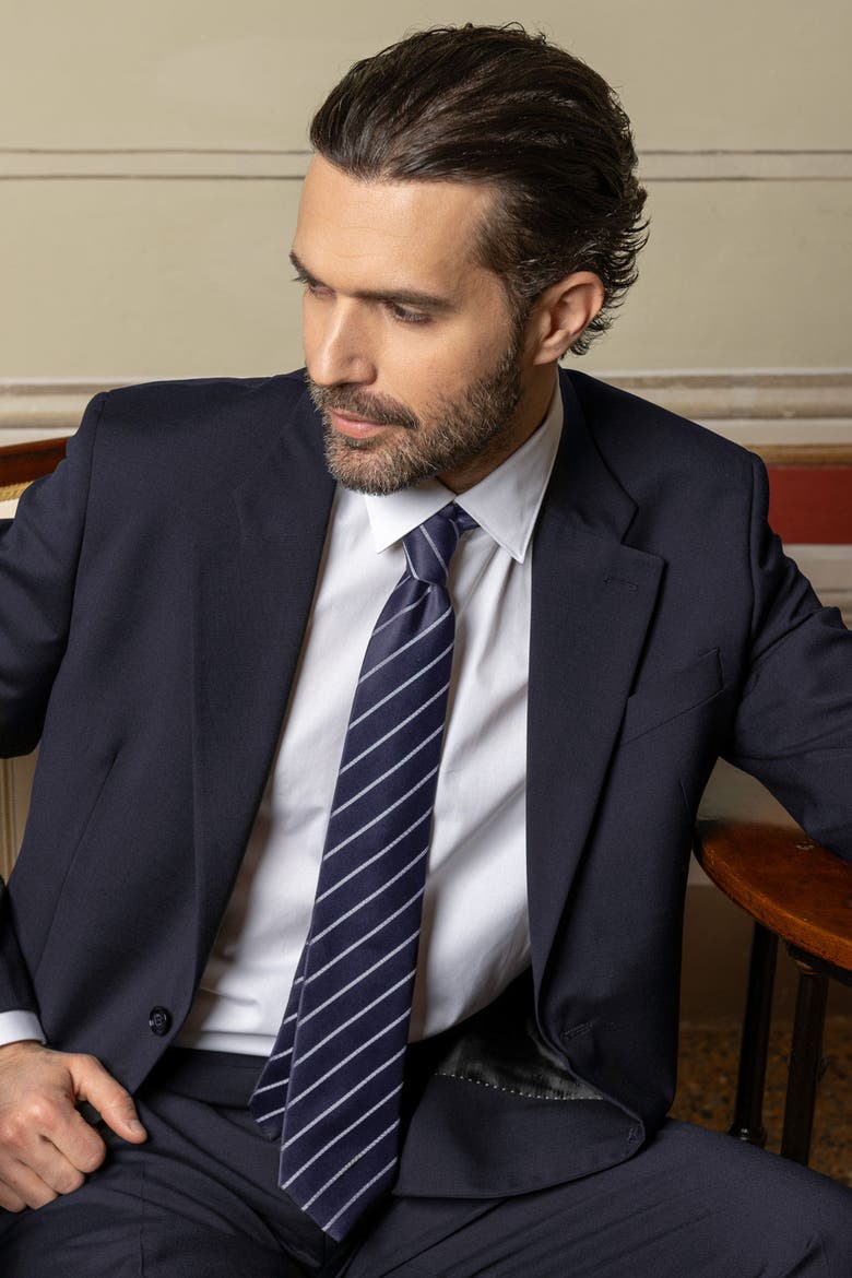Esino - Silk Jacquard Tie for Men, Alternate, color, Midnight Blue and Silver