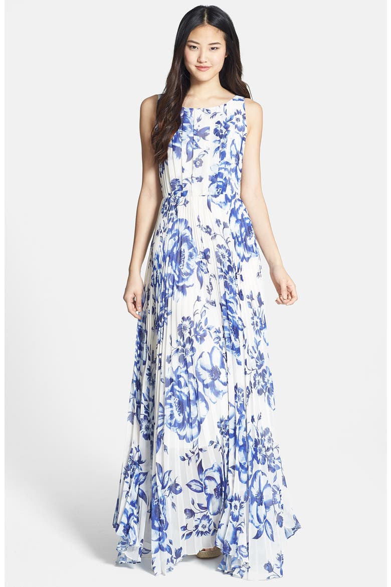 Pleated Floral Chiffon Maxi Dress, Main, color, COBALT