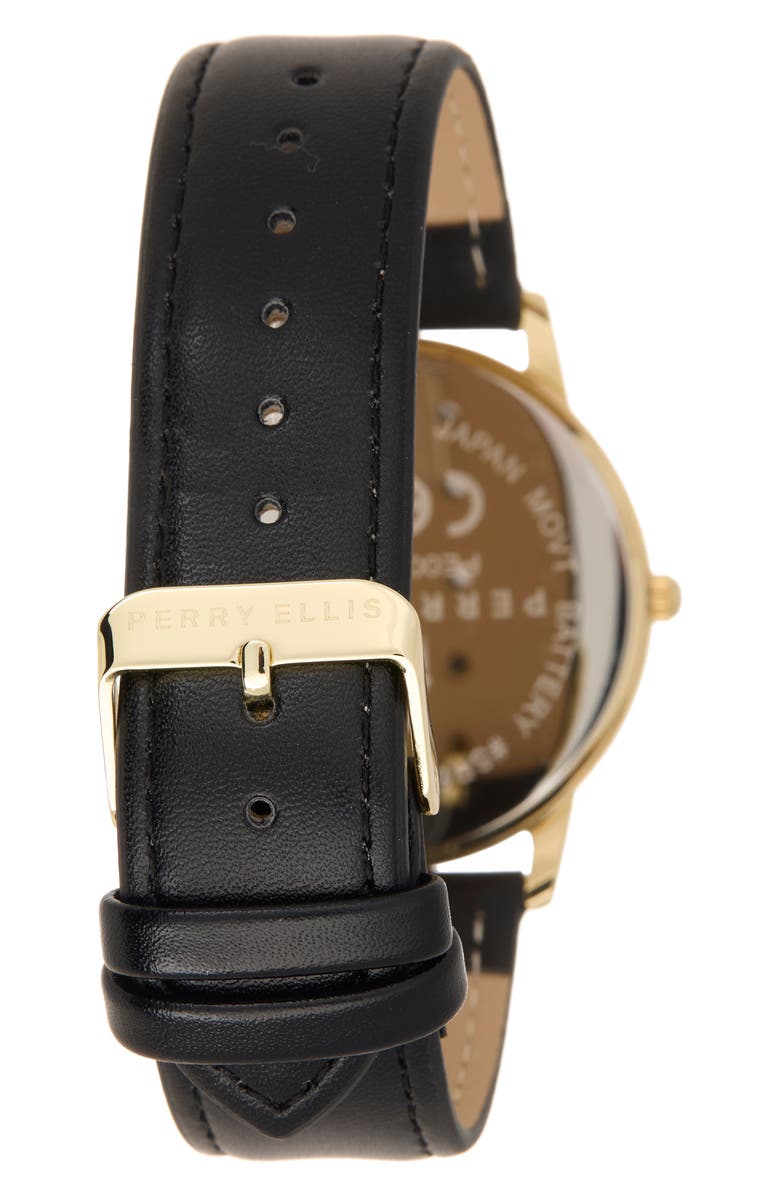 Perry Ellis Diamond Ultra Thin Faux Leather Strap Watch, 40mm, Alternate, color, Gold