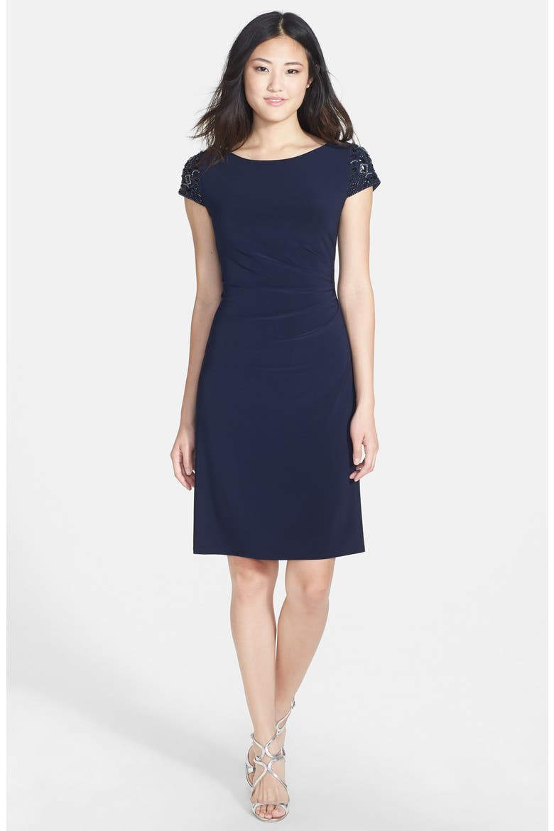 Embellished Sleeve Ruched Sheath Dress, Alternate, color, NAVY