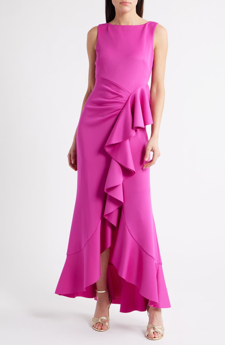 Eliza J Ruffle Sleeveless Gown, Main, color, Berry