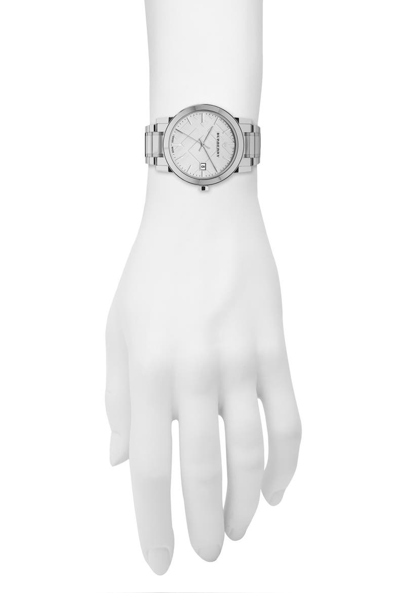 Large Check Stamped Bracelet Watch, 38mm, Alternate, color, SILVER