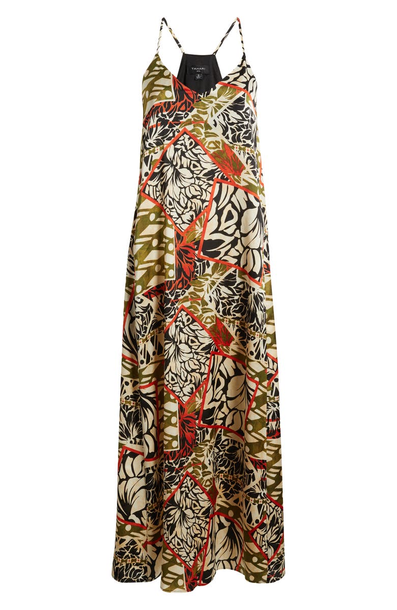 Tahari ASL Mixed Print Satin Charmeuse Maxi Dress, Alternate, color, Black Natural
