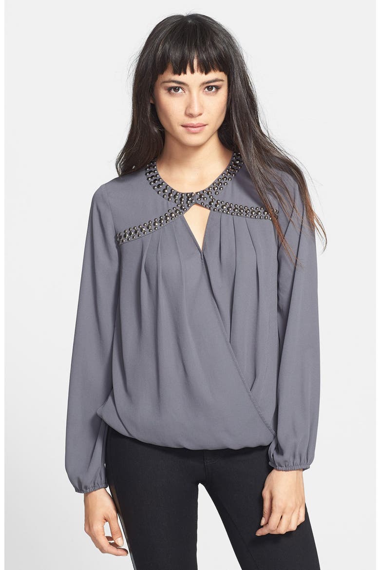 Studded Chiffon Blouson Top, Main, color, GUNMETAL