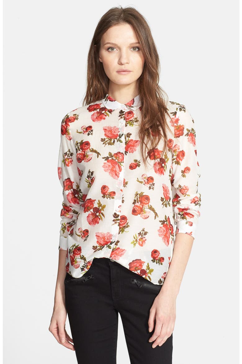 Rose Print Cotton Silk Shirt, Main, color, WHITE
