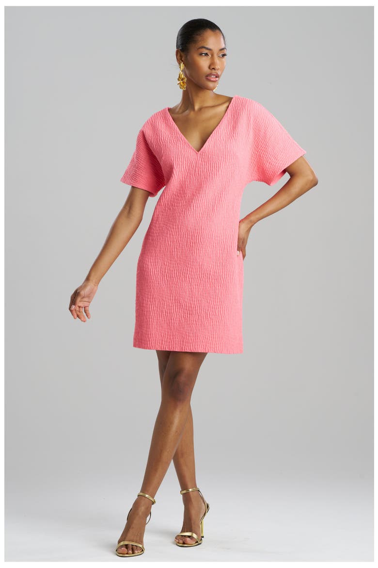 Textured Cotton Jacquard Short Sleeve Sheath Dress, Main, color, FLAMINGO