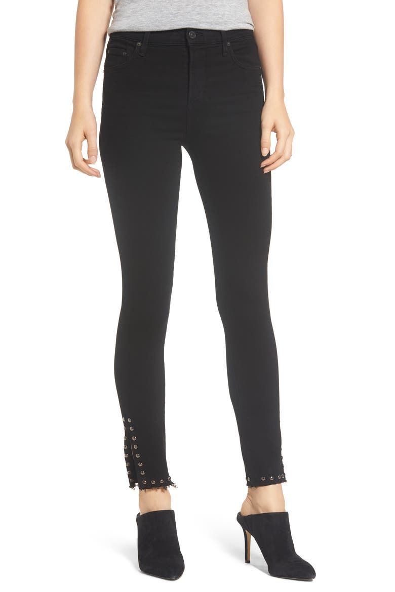 Rocket High Waist Stud Split Hem Skinny Jeans, Main, color, CAVERN