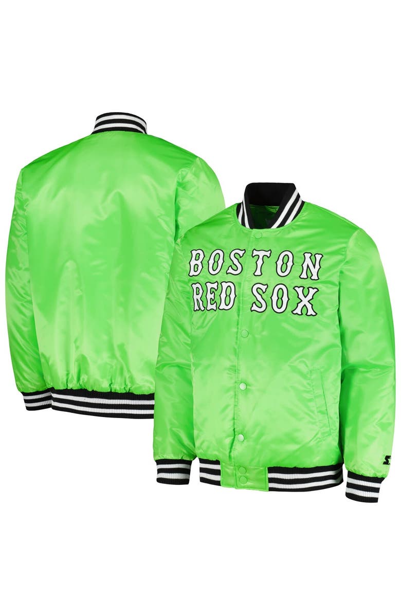 STARTER Men's Starter Neon Green Boston Red Sox Cross Bronx Fashion Satin Full-Snap Varsity Jacket, Alternate, color, Neon Green