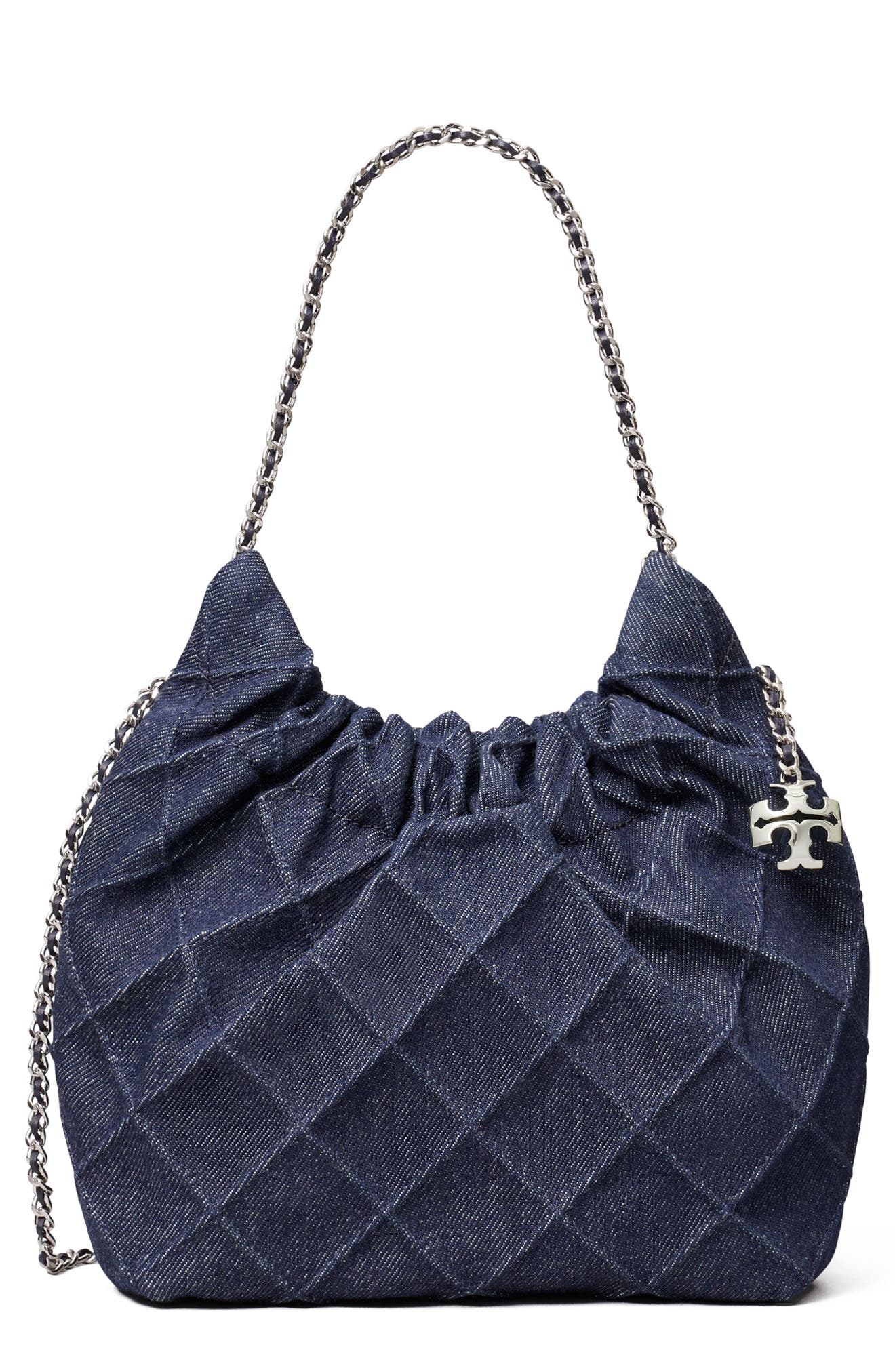 Tory Burch Mini Fleming Quilted Denim Hobo Bag, Main, color, Blue