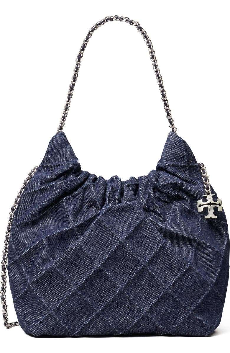 Tory Burch Mini Fleming Quilted Denim Hobo Bag, Main, color, Blue