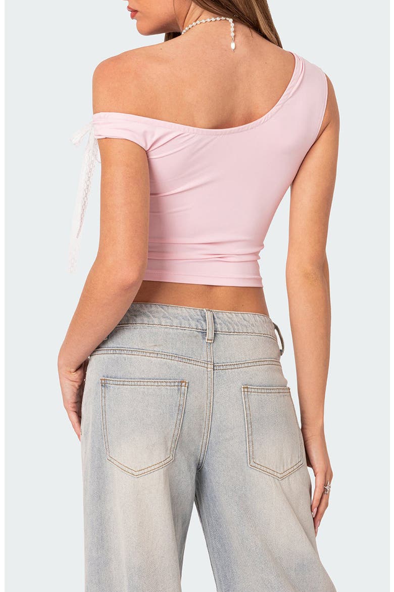 Lace Bow One-Shoulder Top, Alternate, color, PINK