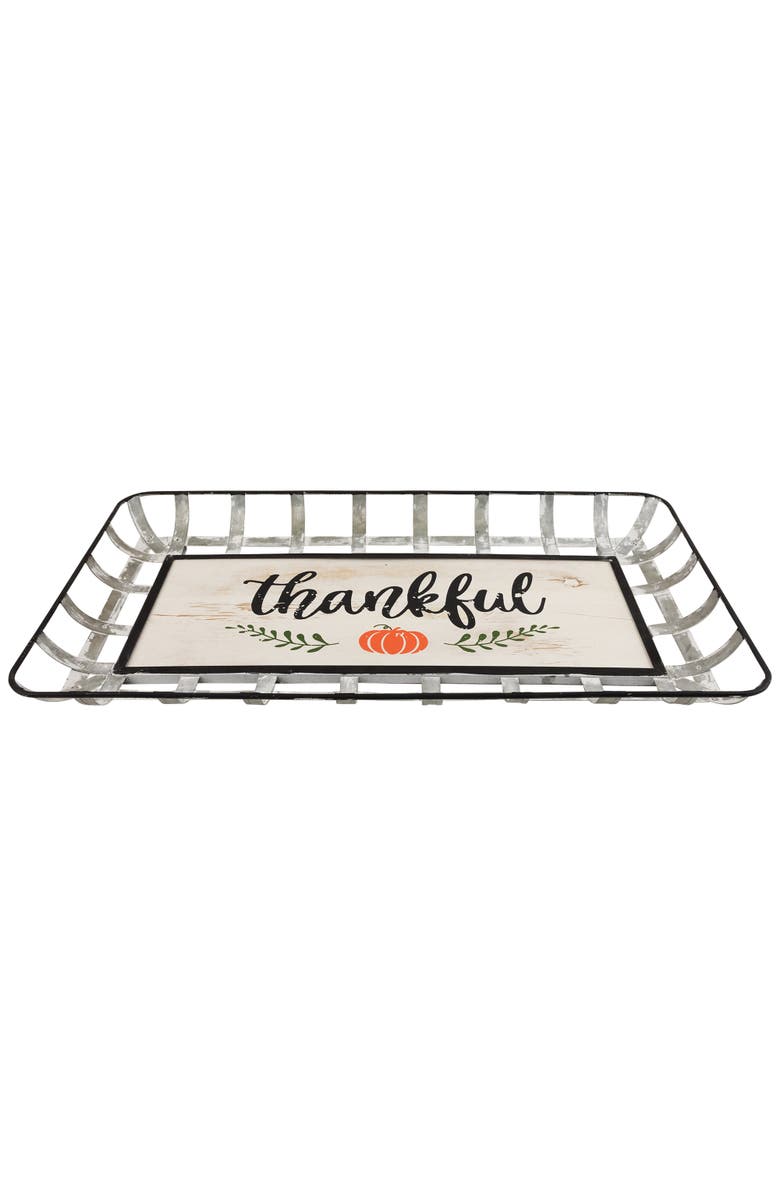 Northlight 24" Silver and White With a Pumpkin "Thankful" Rectangular Fall Serving Tray Sign, Alternate, color,