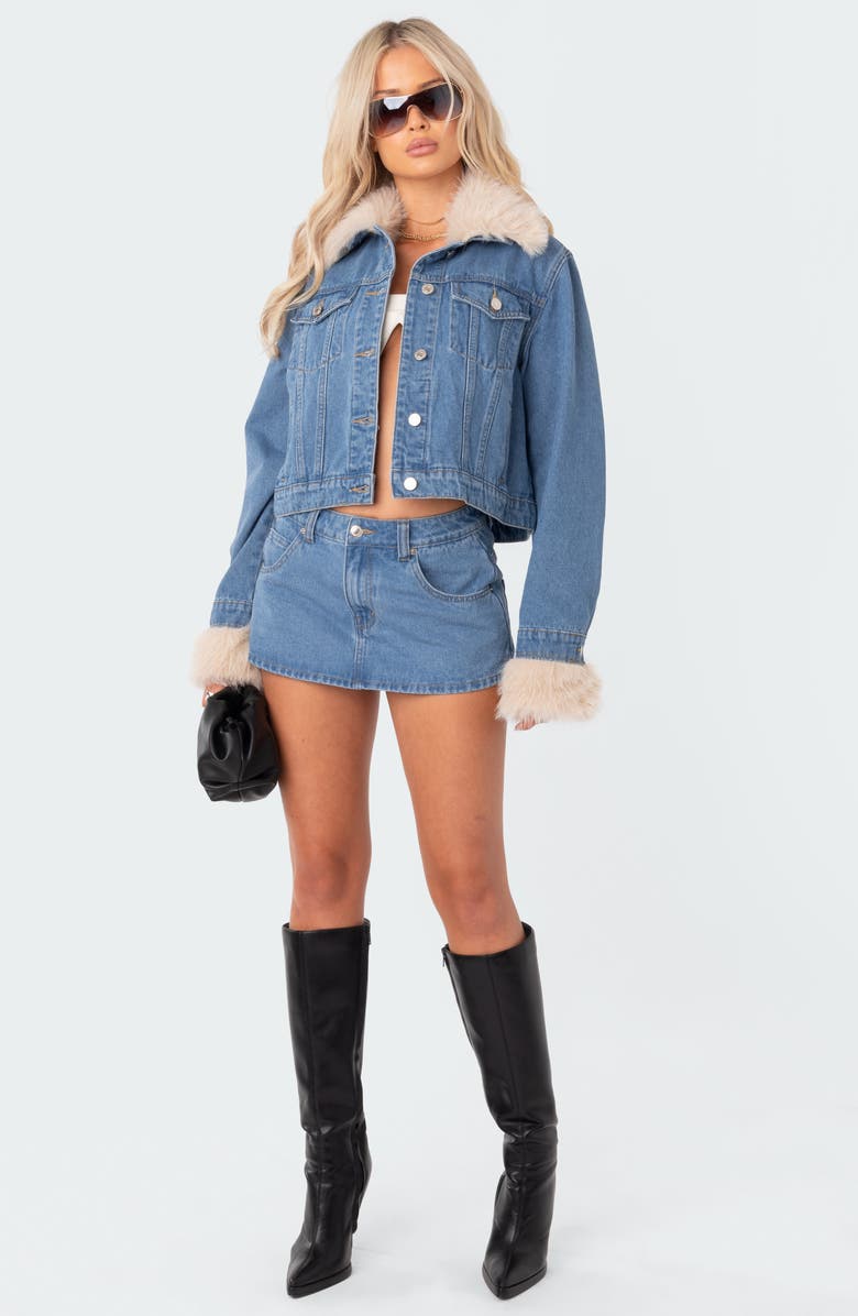 EDIKTED Drew Faux Fur Trim Denim Jacket, Alternate, color, 