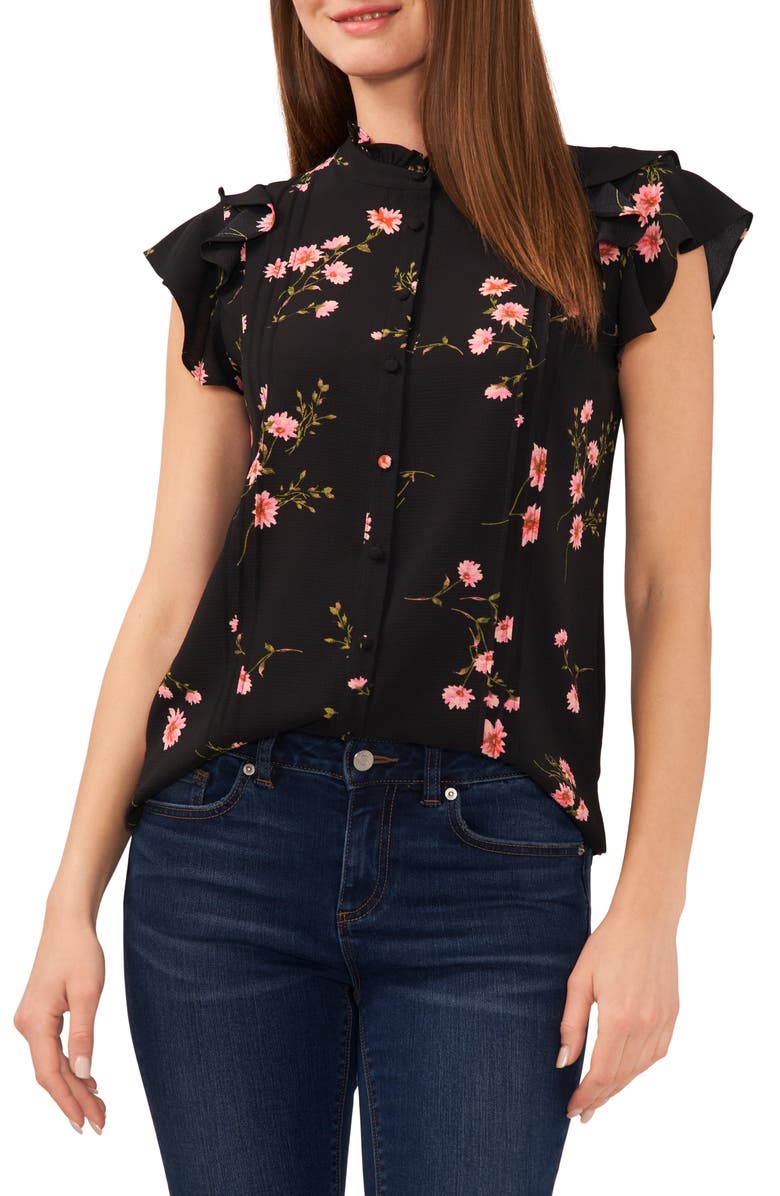 CeCe Floral Print Ruffle Pintuck Blouse, Main, color, 