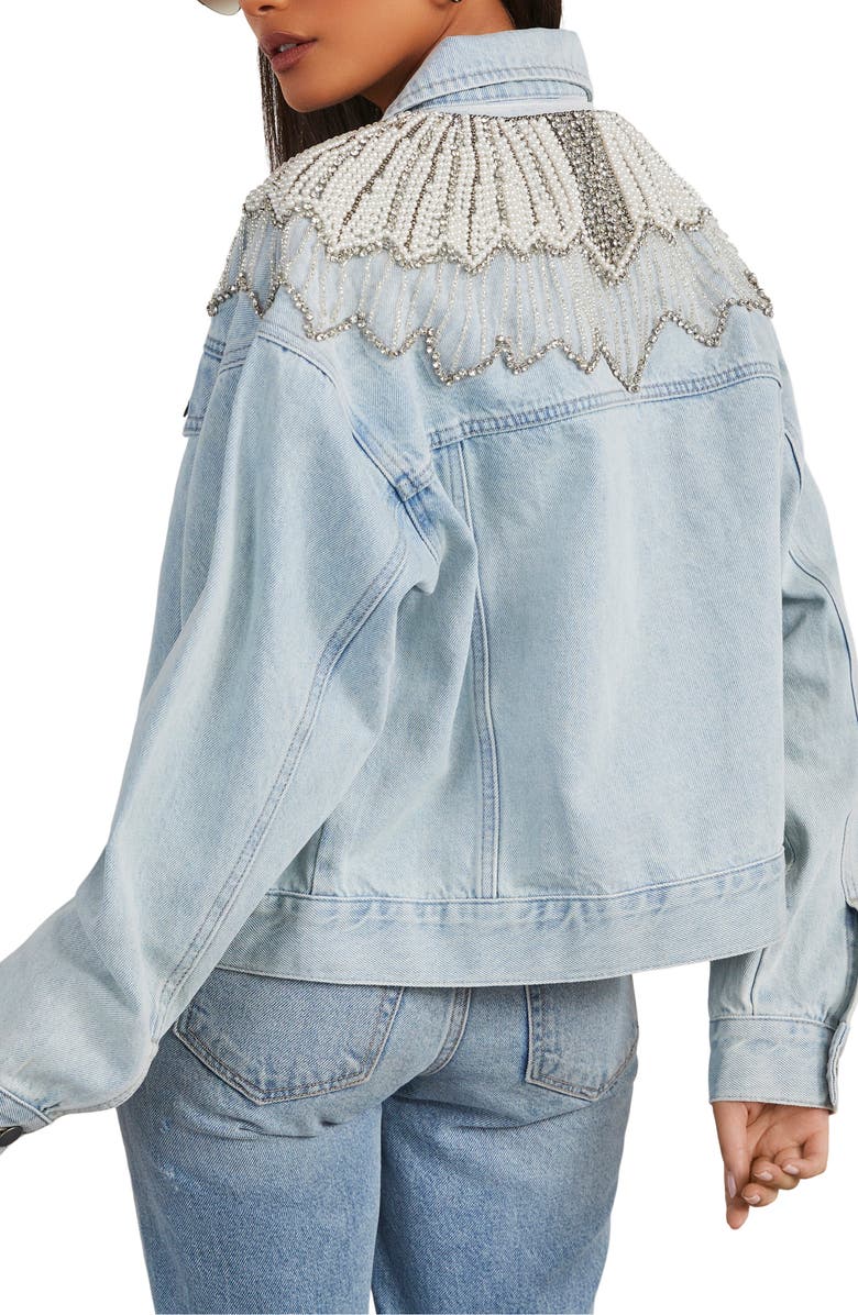 VICI Collection Delanie Imitation Pearl & Rhinestone Detail Denim Trucker Jacket, Alternate, color, 