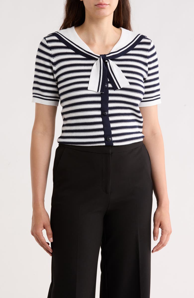 Adrianna Papell Stripe Shawl Collar Short Sleeve Sweater, Main, color, Ivory/ Navy