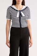 Adrianna Papell Stripe Shawl Collar Short Sleeve Sweater