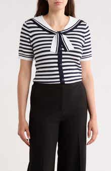 Stripe Shawl Collar Short Sleeve Sweater