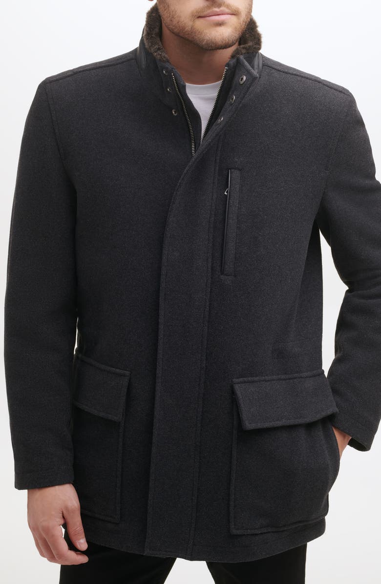 Cole Haan Signature Wool Blend Faux Fur Lined Stand Collar Jacket, Alternate, color, Charcoal