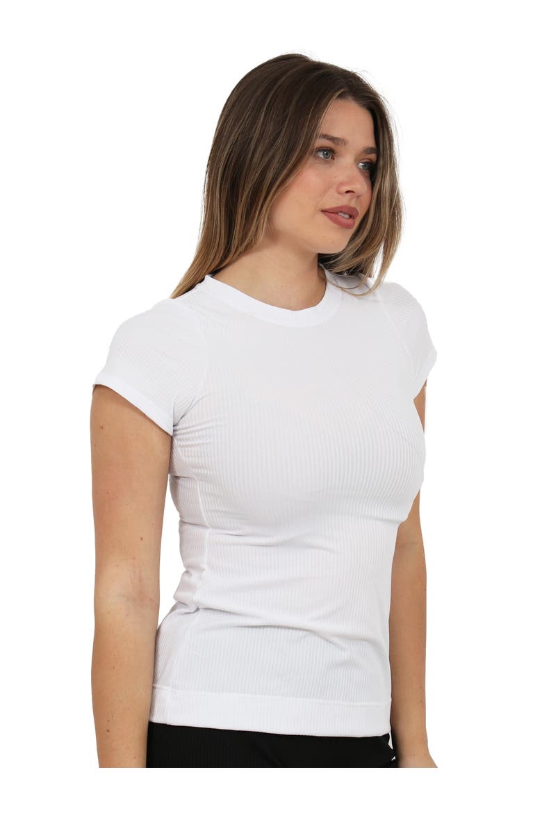 Basic Ribbed Knit Round Neck Short Sleeve Top, Alternate, color, White