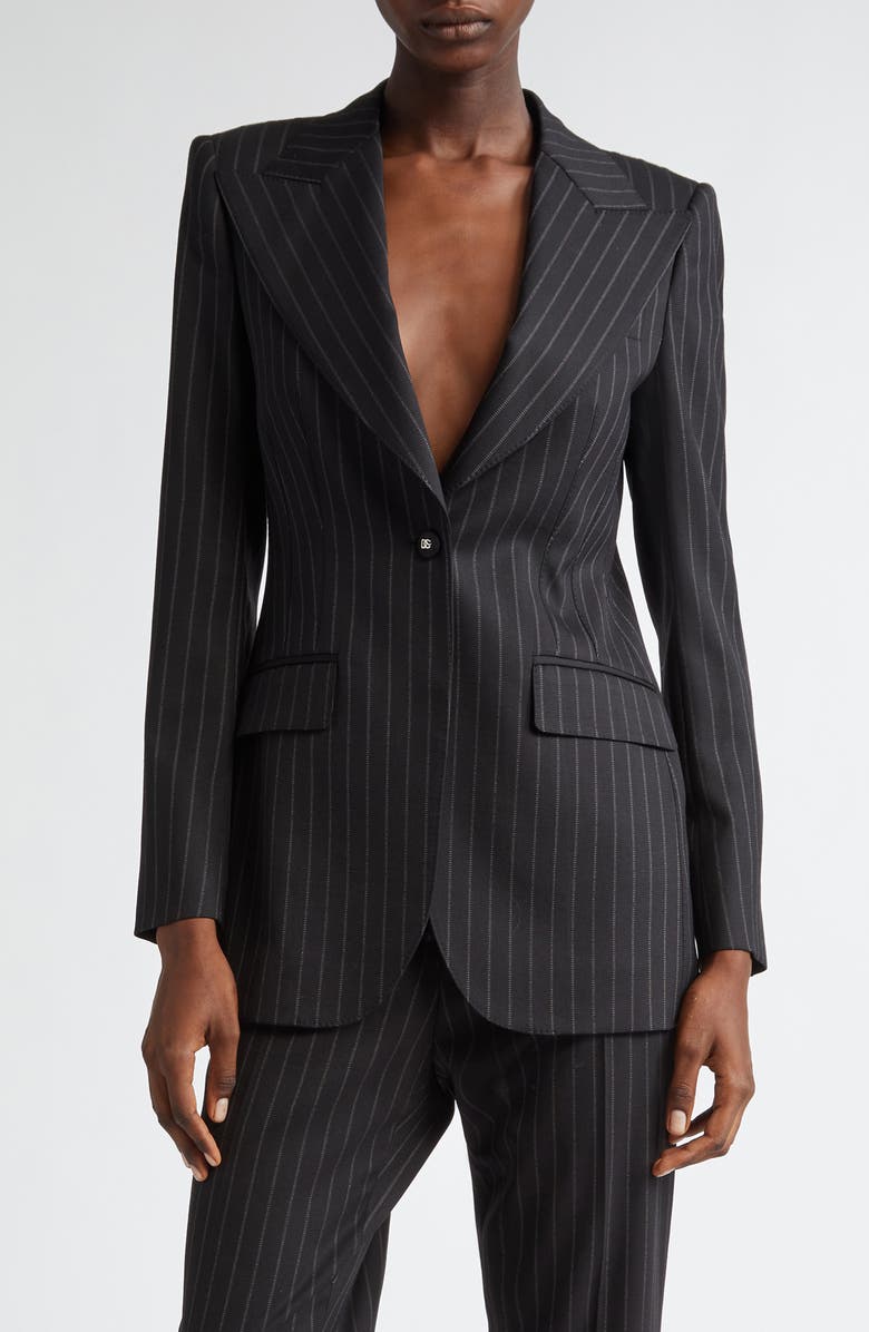 Dolce&Gabbana Pinstripe Stretch Virgin Wool Jacket, Main, color, Black