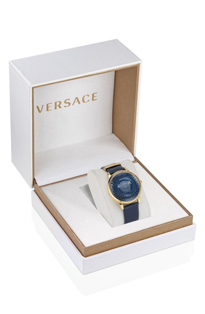 Versace Medusa Alchemy Leather Strap Watch, 38mm, Alternate, color, Ip Yellow Gold