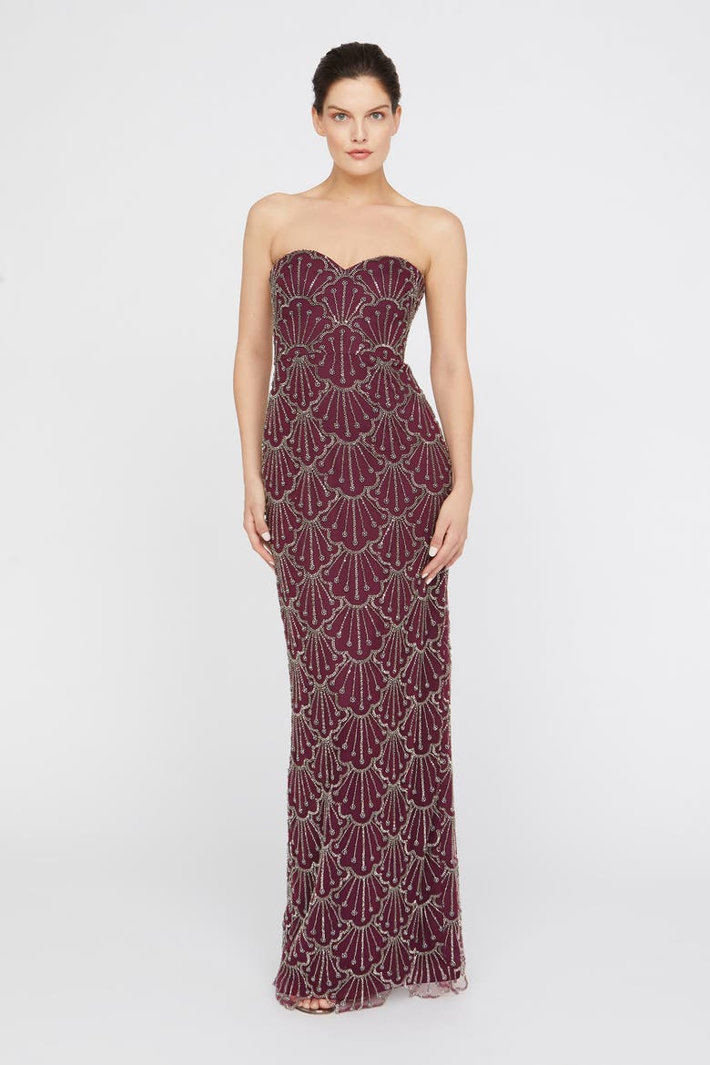 Tessa Strapless Beaded Sweetheart Neckline Mesh Column Gown, Alternate, color, Oxblood
