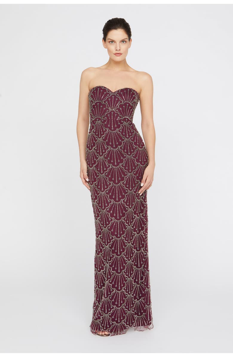 Theia Tessa Strapless Beaded Sweetheart Neckline Mesh Column Gown, Alternate, color, Oxblood