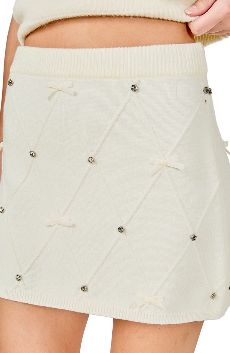 Endless Rose Crystal & Embroidered Bow Knit Miniskirt, Alternate, color, Cream
