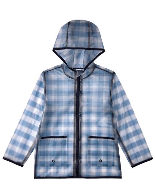 Memoi Kids Checkered Raincoat With Self-storage Pouch In Blue