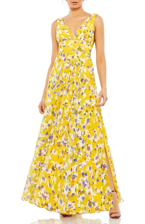 Floral Chiffon V-Neck Gown with Thigh-High Slit & V-Back