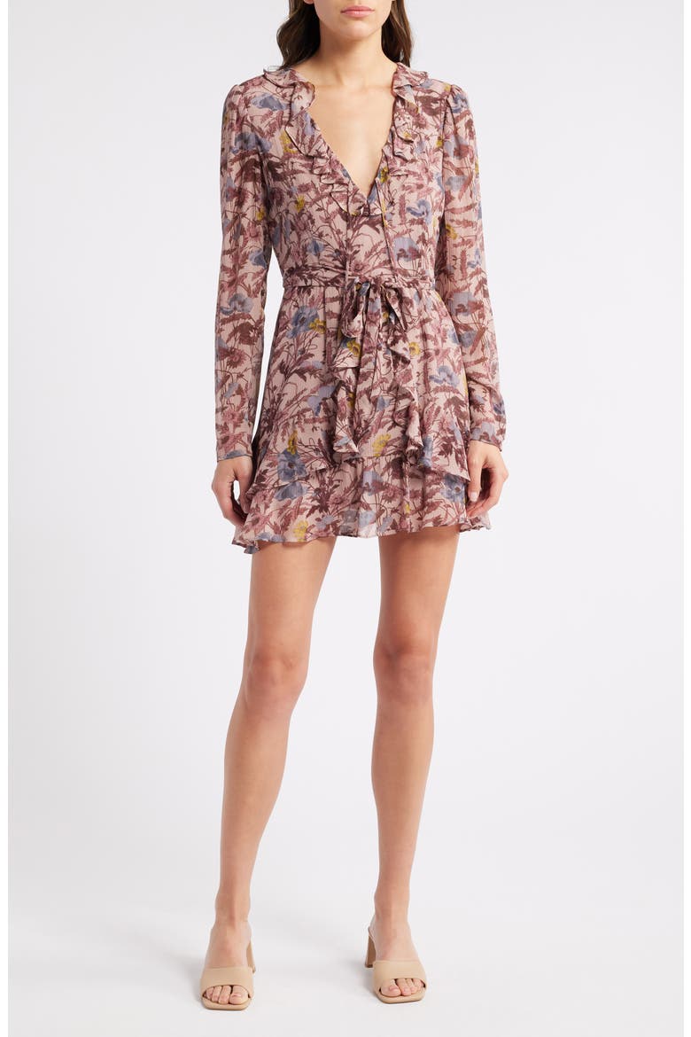 Tamera Floral Ruffle Long Sleeve Silk Minidress, Main, color, DKPRIMMLT