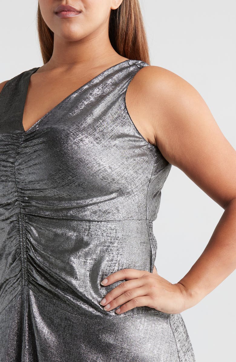 MELLODAY Ruched Metallic Sleeveless Maxi Dress, Alternate, color, Silver