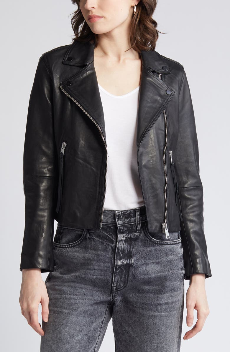 AllSaints Dalby Leather Biker Jacket, Alternate, color, Black/ Silver