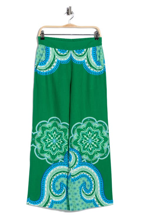 Placed Print Linen Blend Pull-On Pants