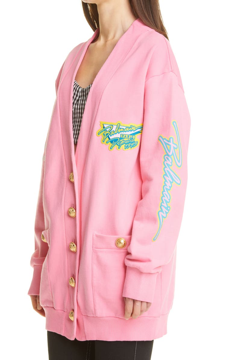 Balmain Logo Sun Bleached Cotton Cardigan, Alternate, color,