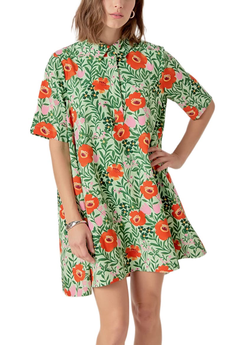 Floral Short Sleeve Cotton Shirtdress, Alternate, color, LIME MULTI