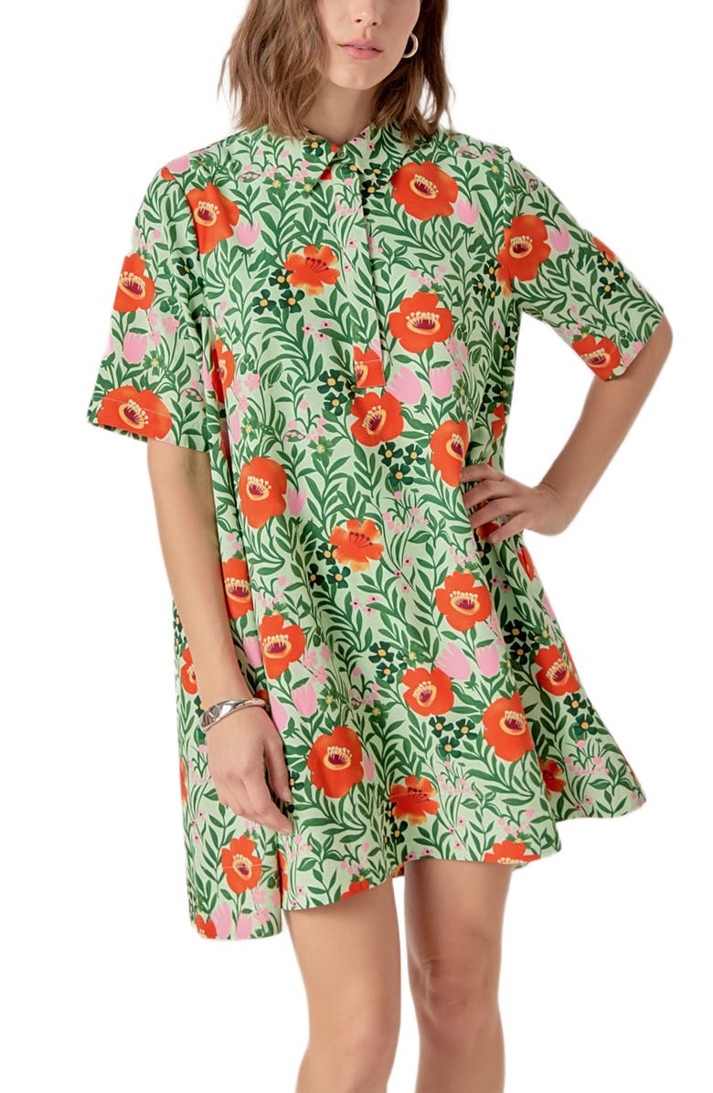 English Factory Floral Short Sleeve Cotton Shirtdress, Alternate, color, Lime Multi