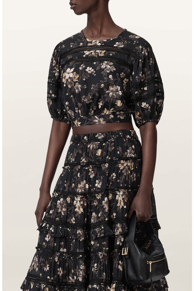 Floral Lace Trim Top, Alternate, color, VINE BLACK