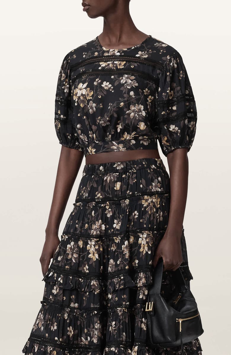 AllSaints Floral Lace Trim Top, Alternate, color, Vine Black