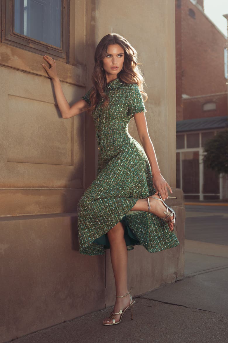 Boucle Short Sleeve Button Up Midi Dress, Alternate, color, Emerald Multi